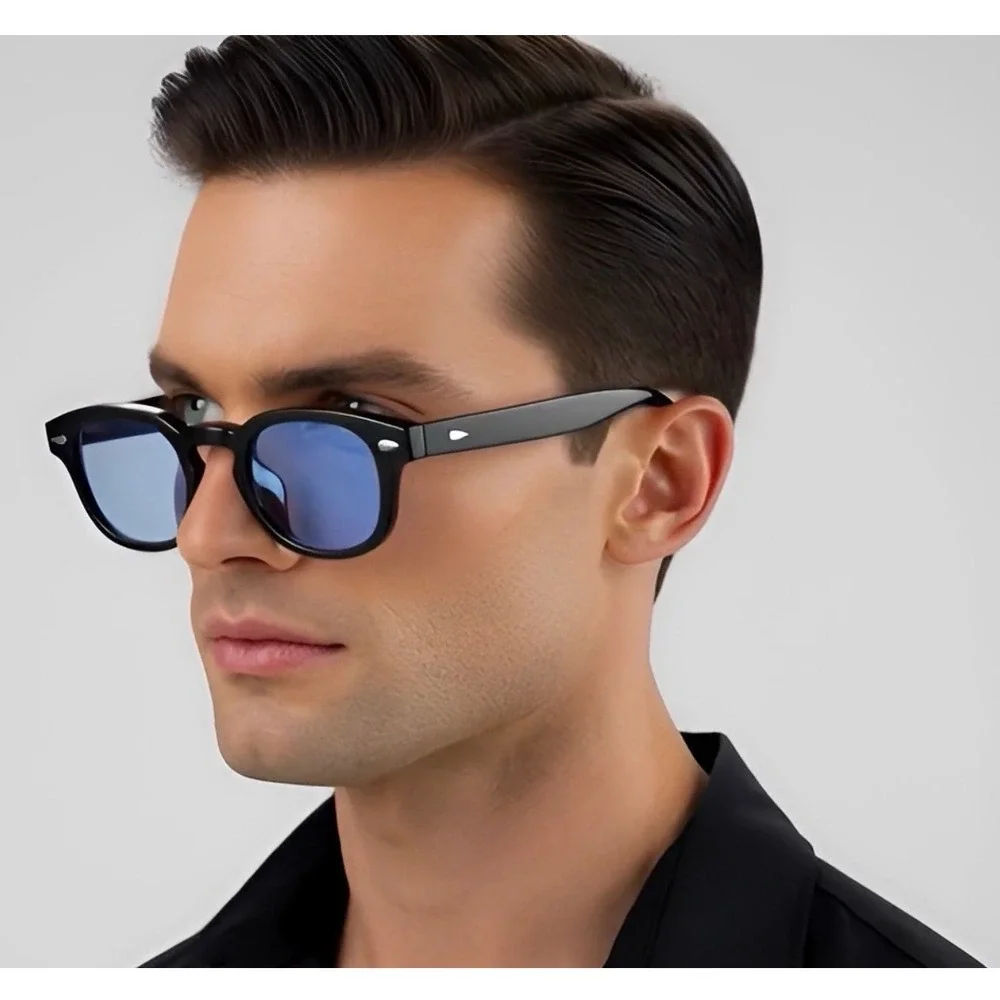Sunglasses Black Frame Blue Lens Metal Rivets Light‎ Weight Comfortable Outdoor